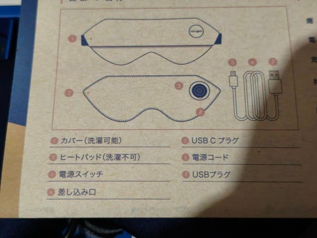 nerugooホットアイマスクの説明書。カバーは洗濯可能、ヒートパッドは洗濯不可の記載