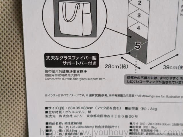 ニトリ「吊り収納 5段」のパッケージにある、グラスファイバー製サポートバー付きと記載された箇所のアップ写真。