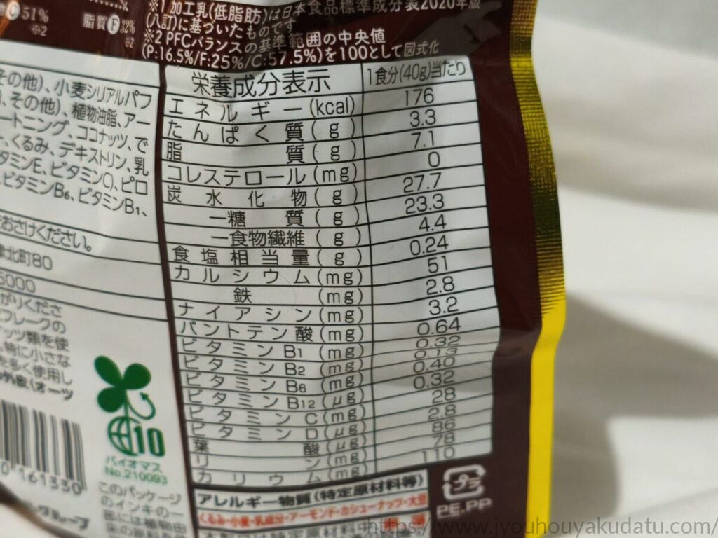 「ごろグラ チョコナッツ」のパッケージ裏面の栄養成分表示欄。1食分(50g)当たりのエネルギー、タンパク質、脂質、糖質などが記載されている。