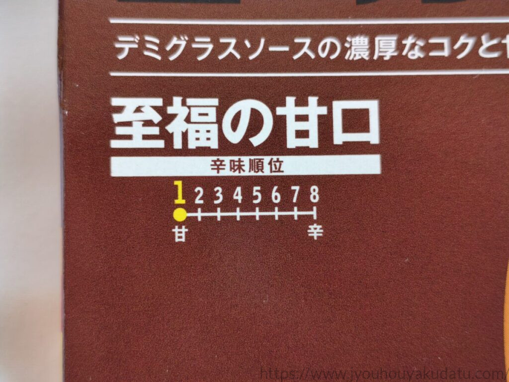 パッケージ裏面の辛味順位表。8段階中最も甘いレベル1の表記