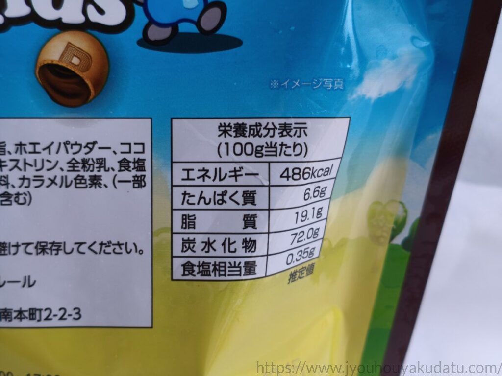 Kola Kidsパッケージ背面の栄養成分表示欄のアップ。100gあたりのエネルギー(カロリー)などが記載されている。