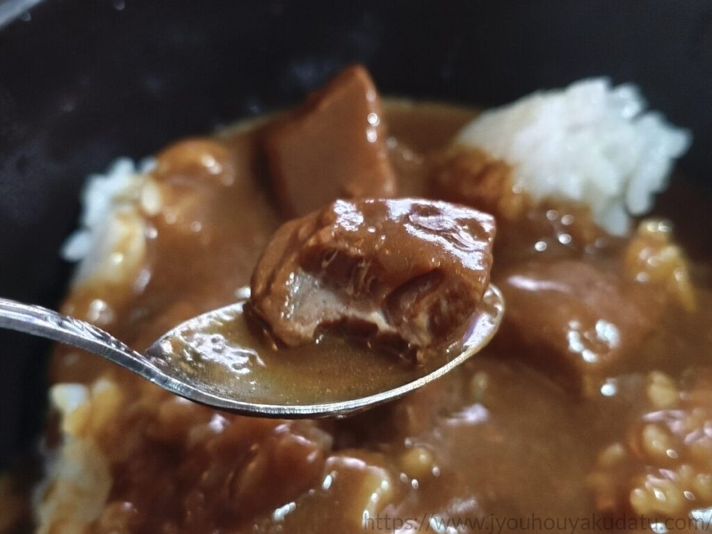 スプーンに乗せた豚の角煮の断面。赤身がしっかりとしている様子