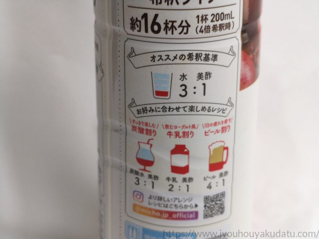 ボトル側面に書かれたおすすめの希釈割合