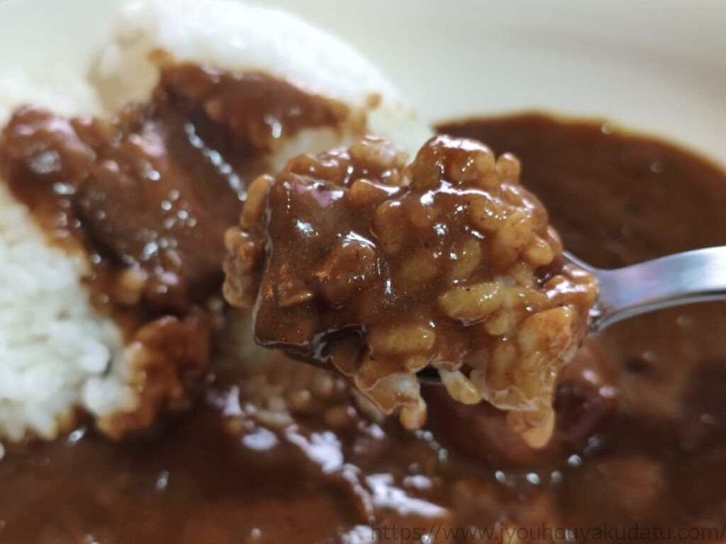 スプーンですくった厚切りの豚バラ肉とカレールウ、ご飯