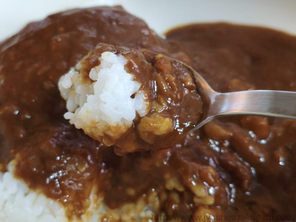 銀座カリー 中辛の牛肉とご飯をスプーンですくったところ