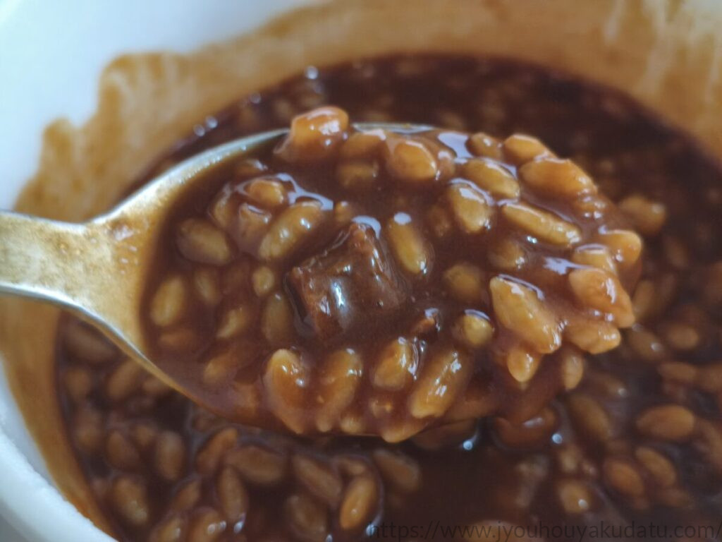 ハヤシメシ デミグラスのルーとモチモチしたご飯をスプーンですくった様子