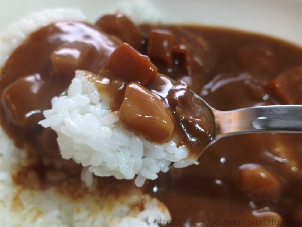 咖喱屋カレー 中辛のじゃがいも、にんじん、肉をルーとご飯と一緒にすくった様子
