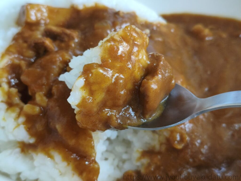 MCC リオ ポークカレーをご飯と豚肉ごとスプーンですくった様子